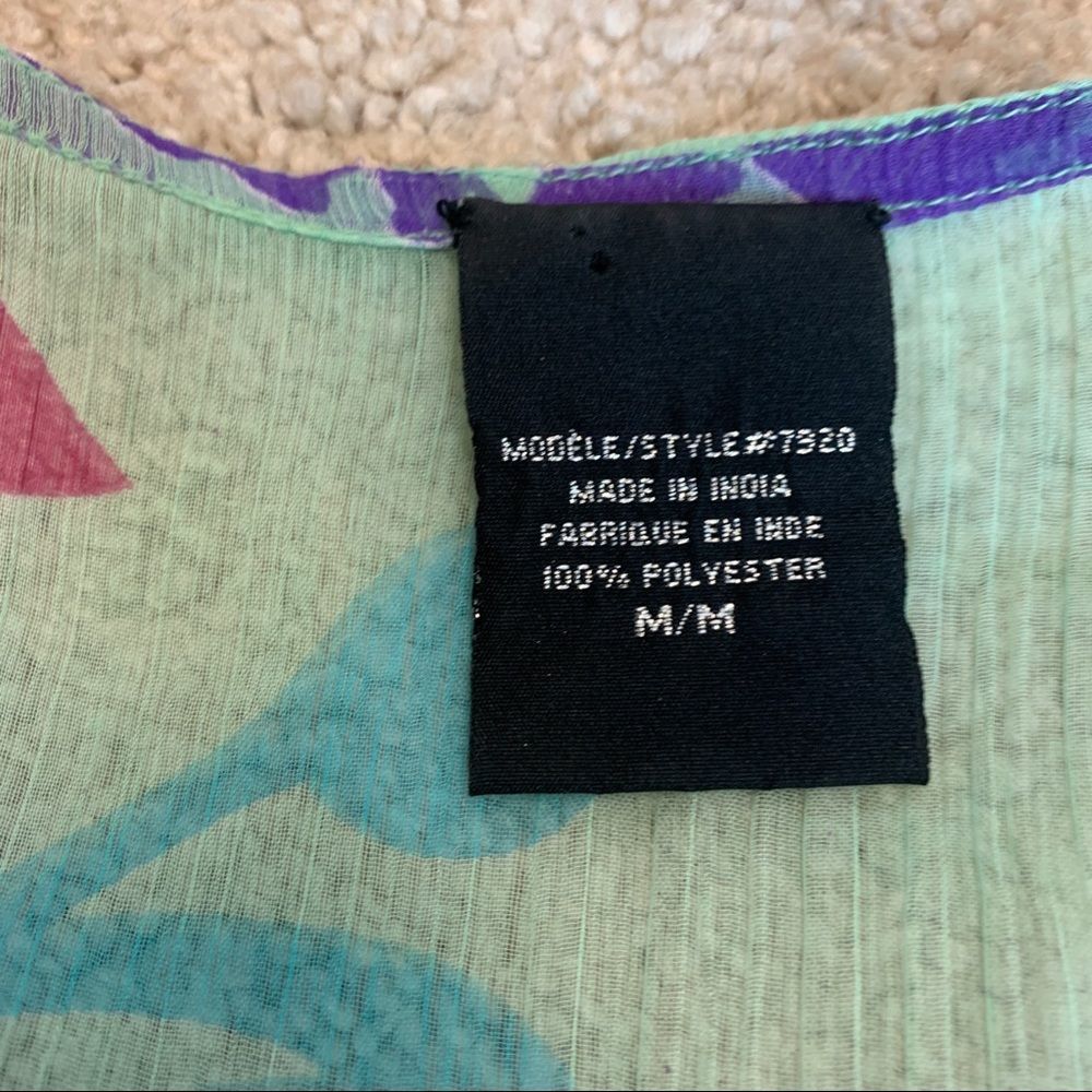𝅺Tropical chiffon sheer teal blue purple floral beach cover-up blouse sequin SzM - Picture 6 of 10